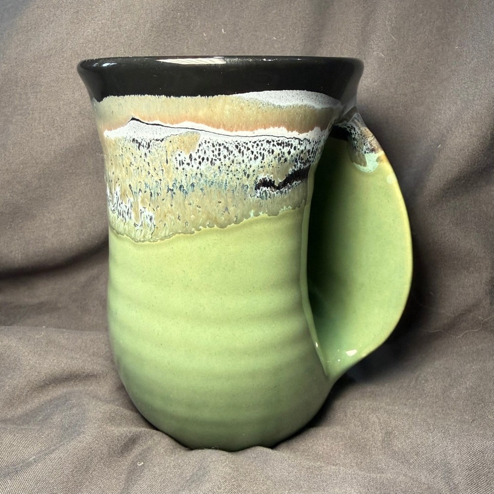 Handcrafted Green Drip Glaze Pottery Mug Large Artisan Coffee Cup Hand Warmer
